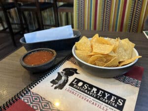 The menu and chips and salsa from Los Reyes in Vacaville.