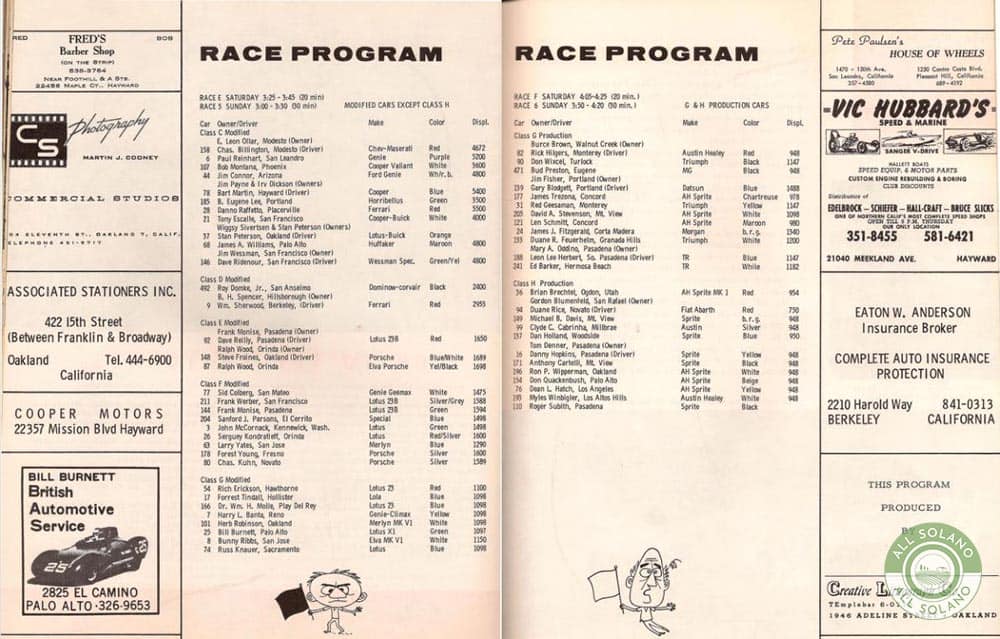 Two faded pages of a race brochure from Vaca Valley Raceway in 1964. 
