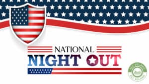 A colorful red, white and blue advertisement for national night out.
