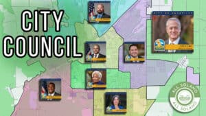 Photos of the mayor and city councilmembers over the district election map of Vacaville.