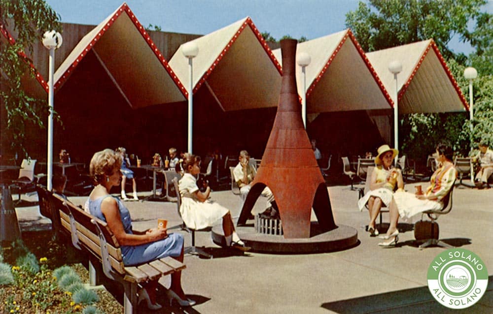 Women seated in the original Nut Tree Plaza in Vacaville.