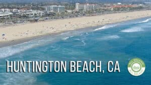 The sandy beach and coastline of Huntington Beach, CA.