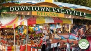 A collage of carnival rides and the downtown Vacaville arch sign.