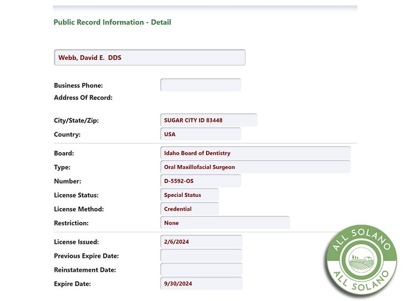 License lookup from the Idaho Board of Dentistry

