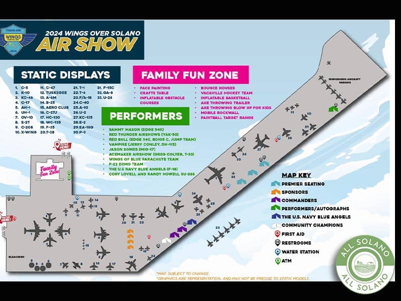 A colorful map of the Travis Air Force Base airshow. 