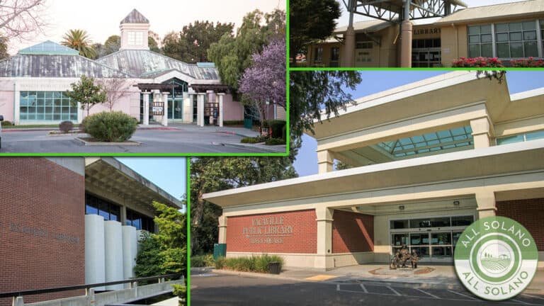 The fronts of several Solano County library buildings.